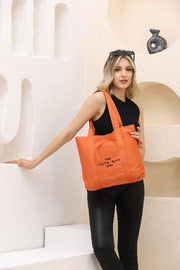 Orange U46 Druckknopfverschluss Fronttasche Detaillierte Tragetasche Bestickte Canvas Damen Arm- und Schultertasche U:30