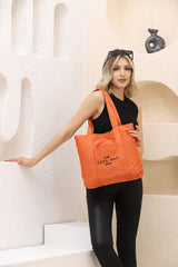 Orange U46 Snap Closure Front Pocket Detailed Tote Bag Embroidered Canvas Women's Arm and Shoulder Bag U:30