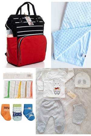 5-teiliges Schwangerschaftsset (Babypflegerucksack, Krankenhausausgang, Kichererbsendecke, 10 Feuchttücher und 3 Socken)