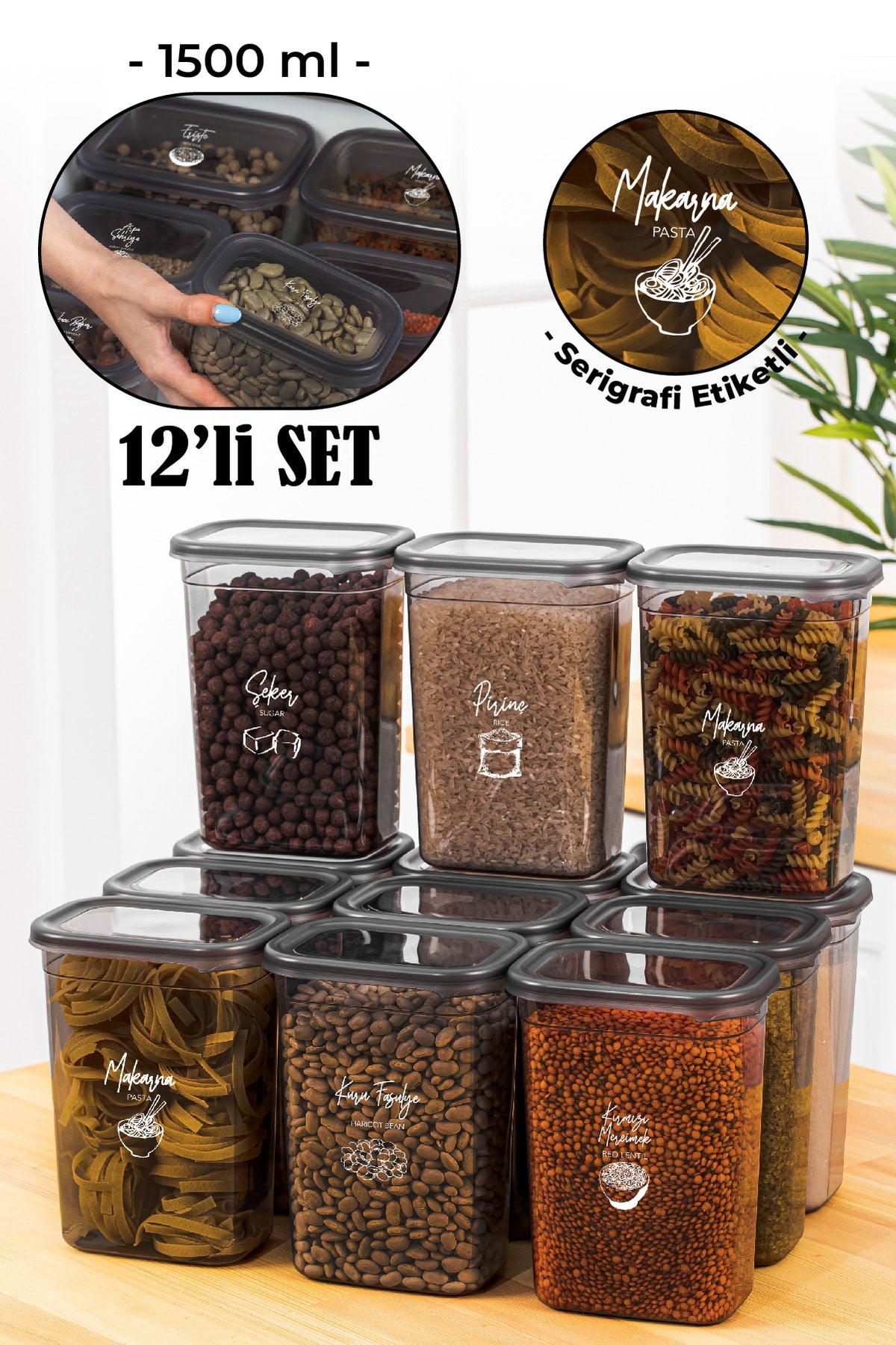 12 Peggy Rectangular Storage Container Set With White Screen Printing Label 1500 Ml Anthracite