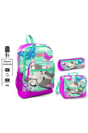 Süßes Katzen- und Schmetterlings-Grundschultaschenset für Mädchen – USB-Ausgang