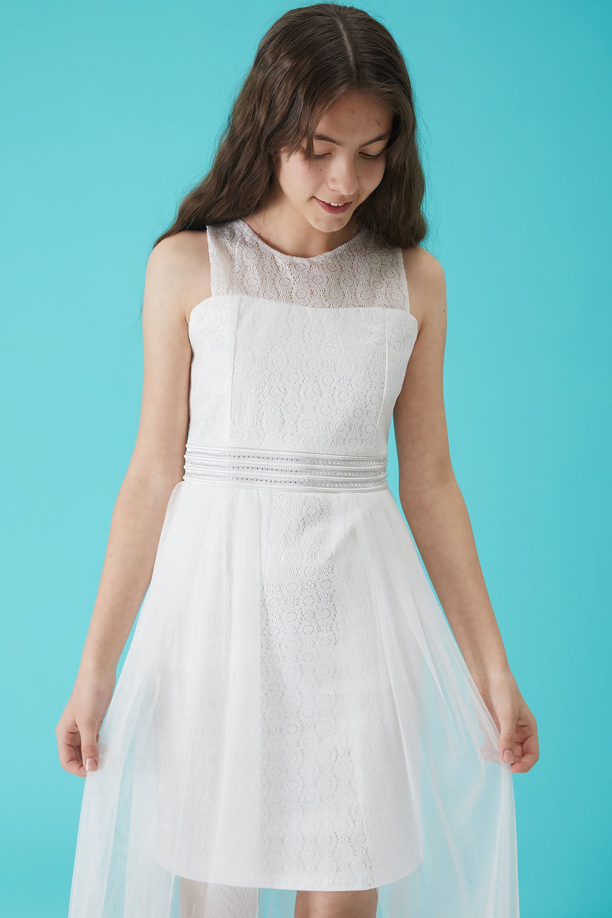Girl's White Stone Detailed Tulle Evening Dress 15157