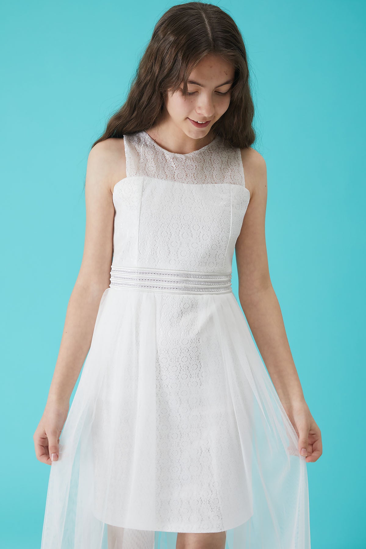 Girl'S White Stone Detailed Tulle Evening Dress 15157