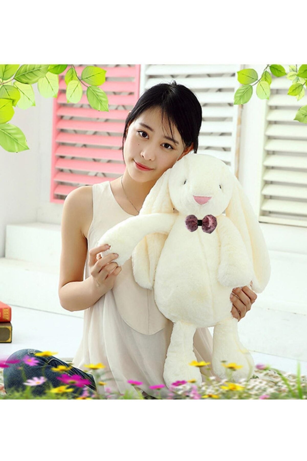 Sleeping Friend Long Ear Bunny Plush Rabbit With Bow Tie 65 Cm