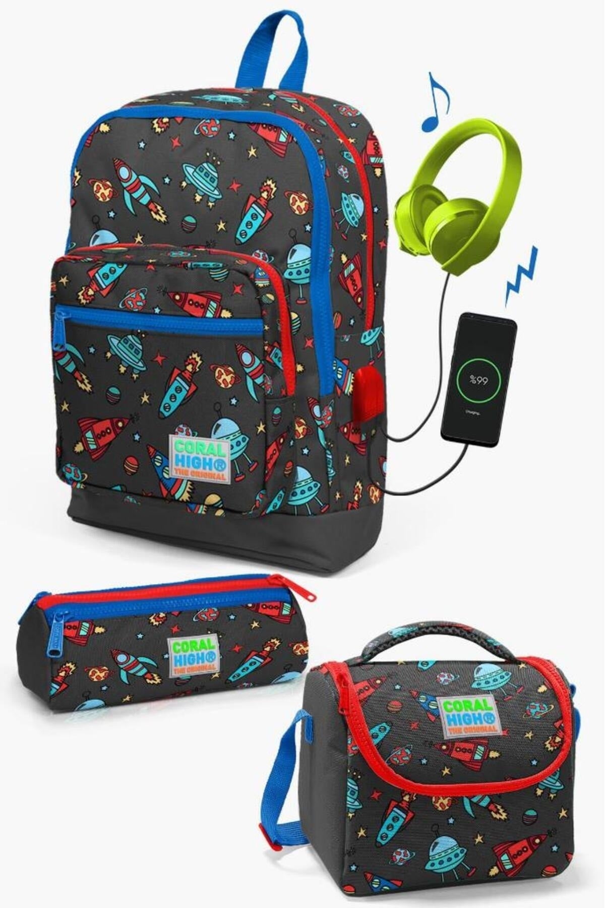 Kinder Dunkelgrau Rot Space Patterned USB 3 Stück Schulranzen Set0123279
