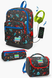 Kids Dark Gray Red Space Patterned Usb 3 Pcs School Bag Set Set0123279