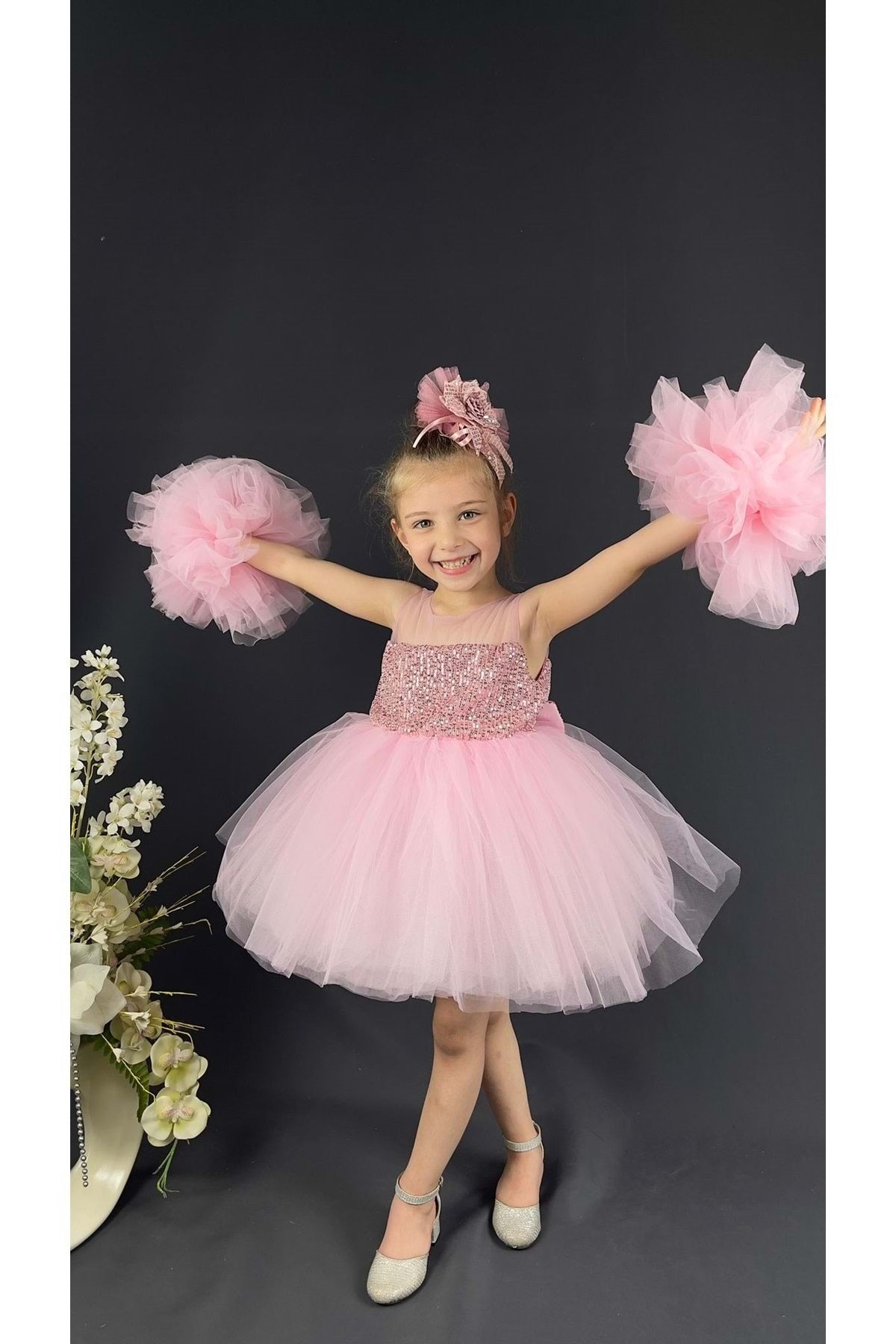 Chiffon Robe Pompom Ärmel Pailletten Mädchen Flauschigen Rock Tüll Abendkleid Rosa