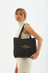 Black U46 Snap Closure Front Pocket Detailed Tote Bag Embroidered Canvas Women's Arm And Shoulder Bag U:30 E