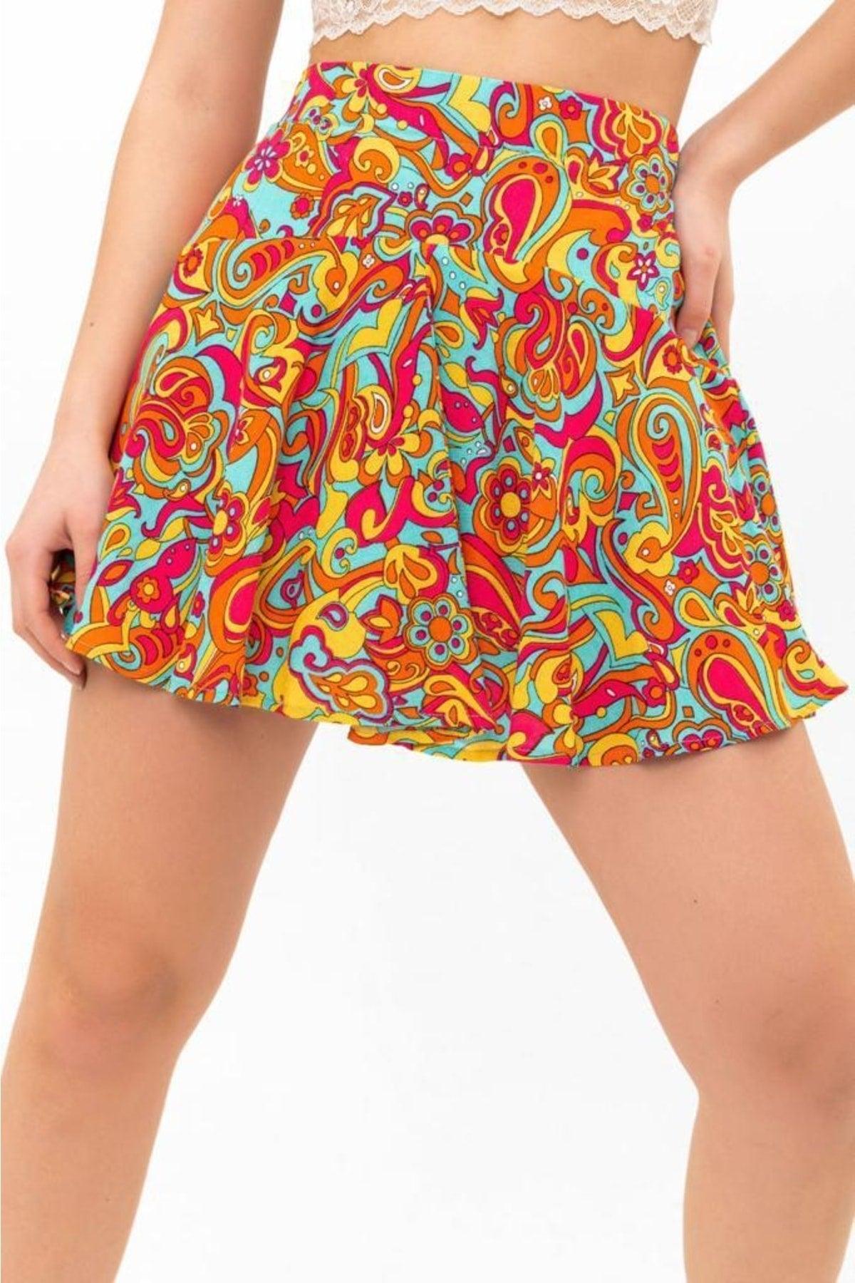 Summer Mini Short Shorts Skirt Soft Woven Viscose Printed High Waist, Elastic Back Waist - Swordslife