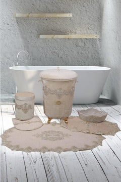 6-piece velvet bathroom set with laundry basket and bath mat in mink