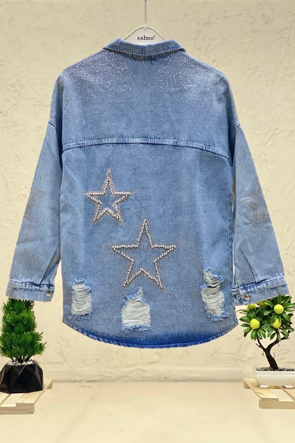 Back Star Stone Collar Denim Jacket - Swordslife