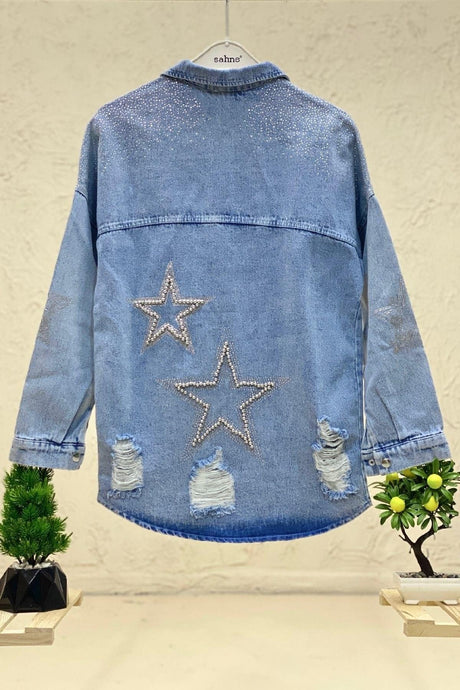 Back Star Stone Collar Denim Jacket - Swordslife