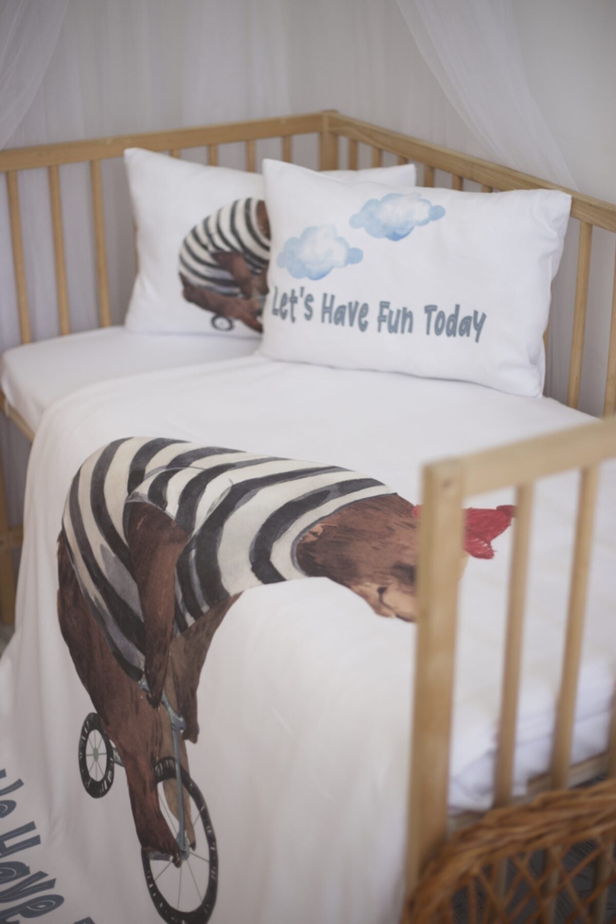 Organic Printed Cotton Satin Baby Duvet Cover Set - Teddy Bear And Cycling Theme