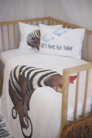 Organic Printed Cotton Satin Baby Duvet Cover Set - Teddy Bear And Cycling Theme