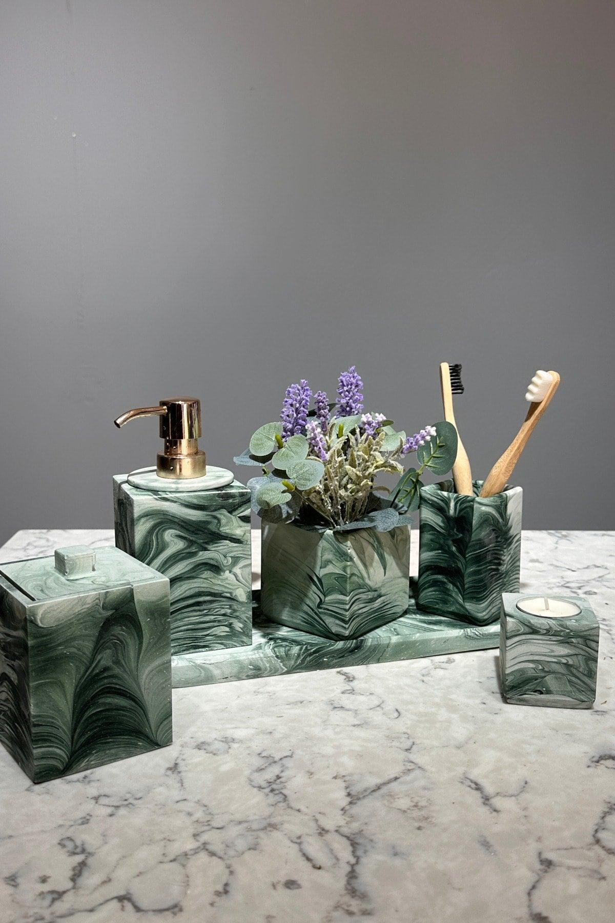 Marble Series Green Marble Look Artificial Flower Bathroom Set - Swordslife