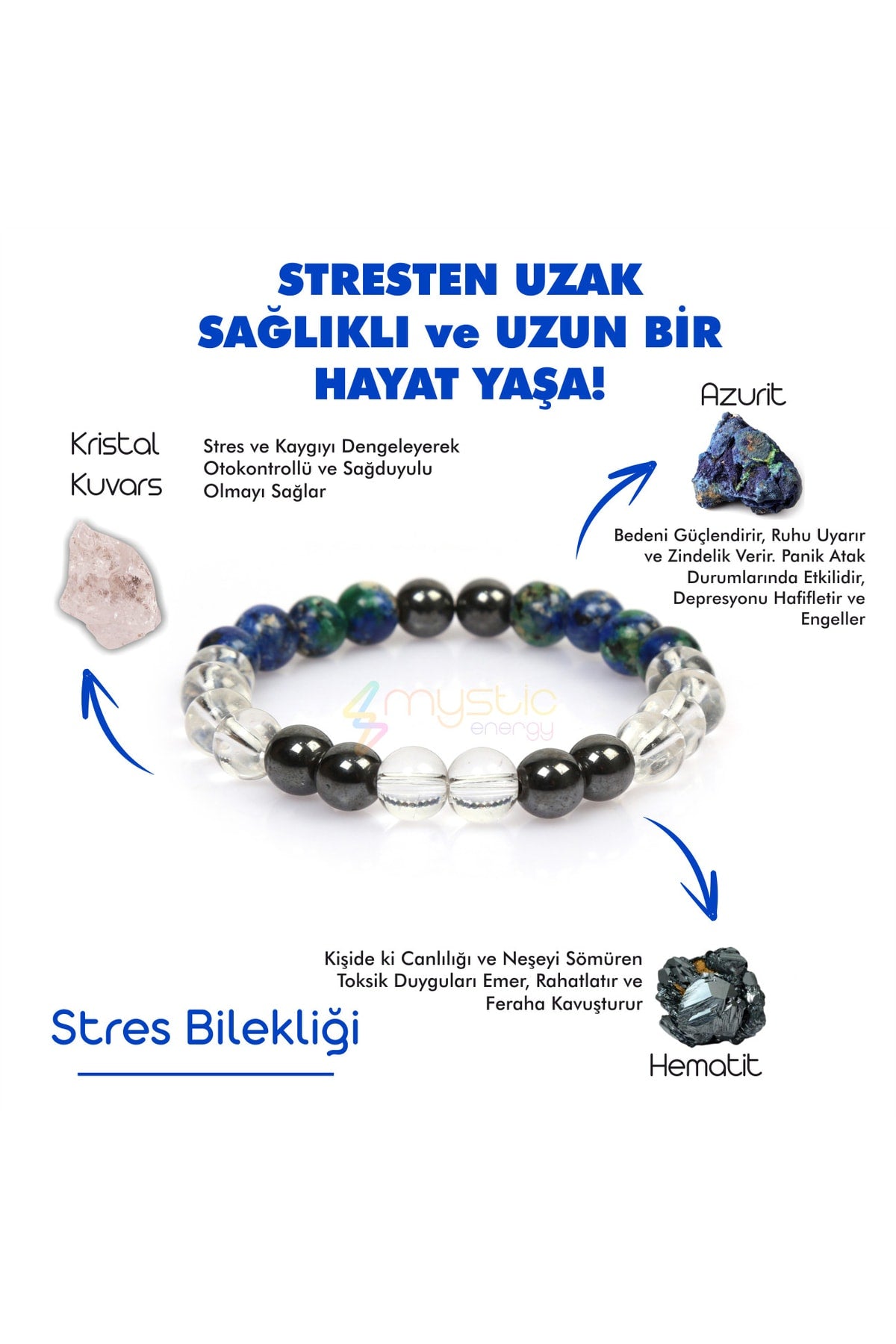 Certified Natural Stone Stress Charm Bracelet (AZURITE, HEMATITE, CRYSTAL QUARTZ STONE NATURAL STONE BRACELET)