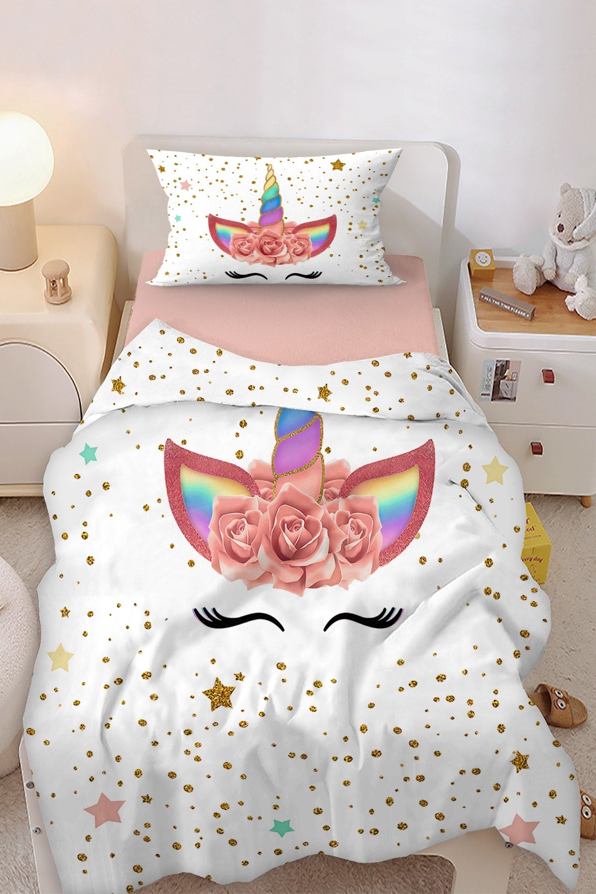 Cute Unicorn Gold Stamping And Polka Dot Single Baby Kids Duvet Cover Set