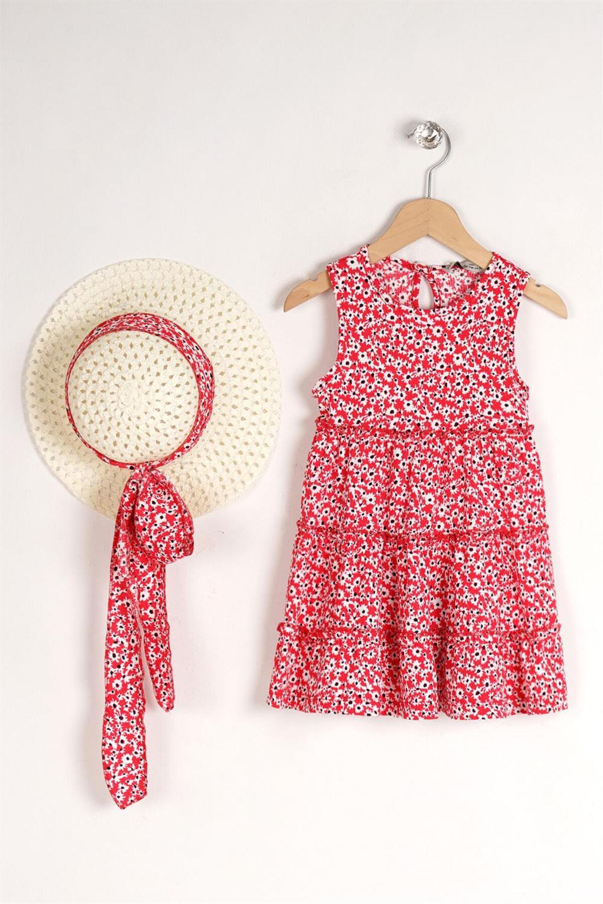 Girl Child Red Colored Floral Patterned Dress With Hat Accessory