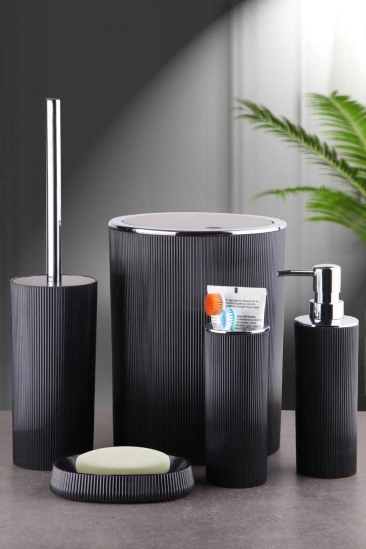 5 Pieces Black Striped Bathroom Set Trash Can Liquid Solid Soap Dispenser Toothbrush Holder Toilet Brush - Swordslife