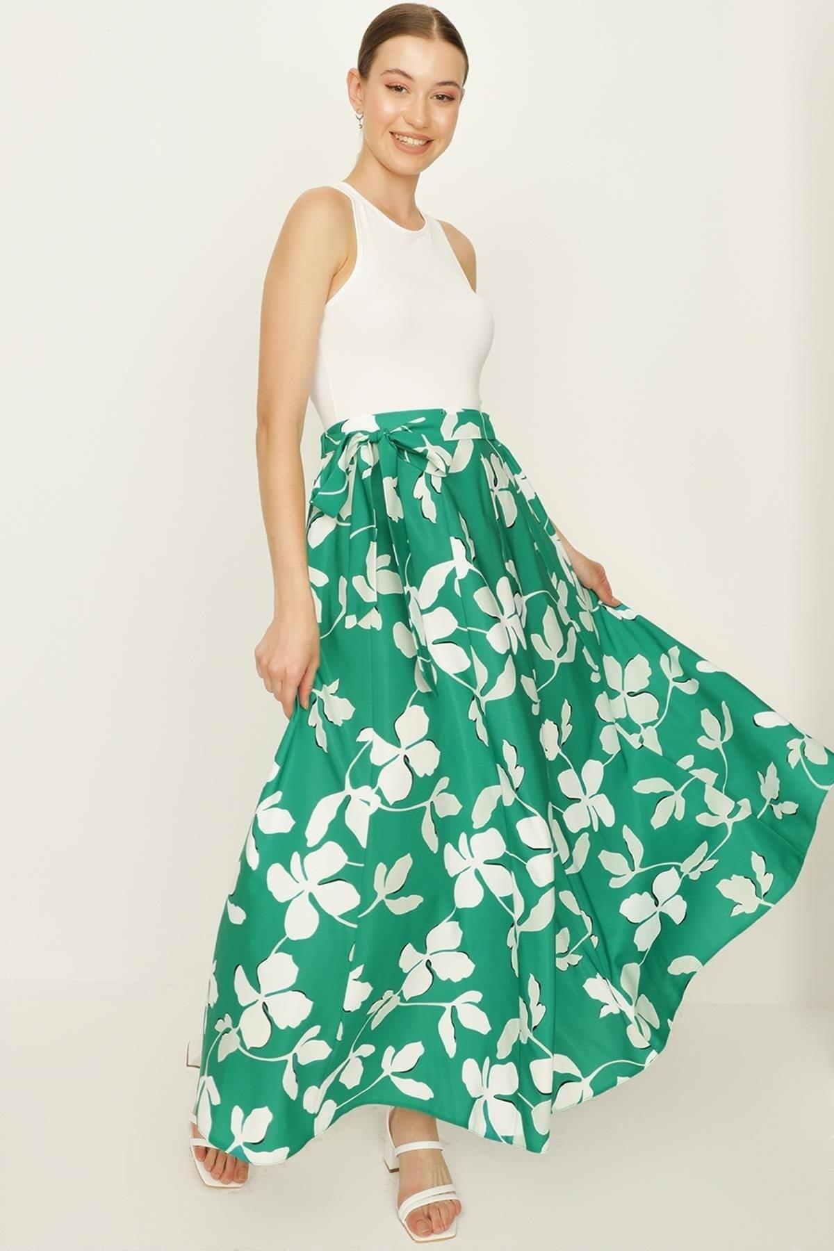 Women's Green Patterned Belted Ruffle Long Skirt - Swordslife