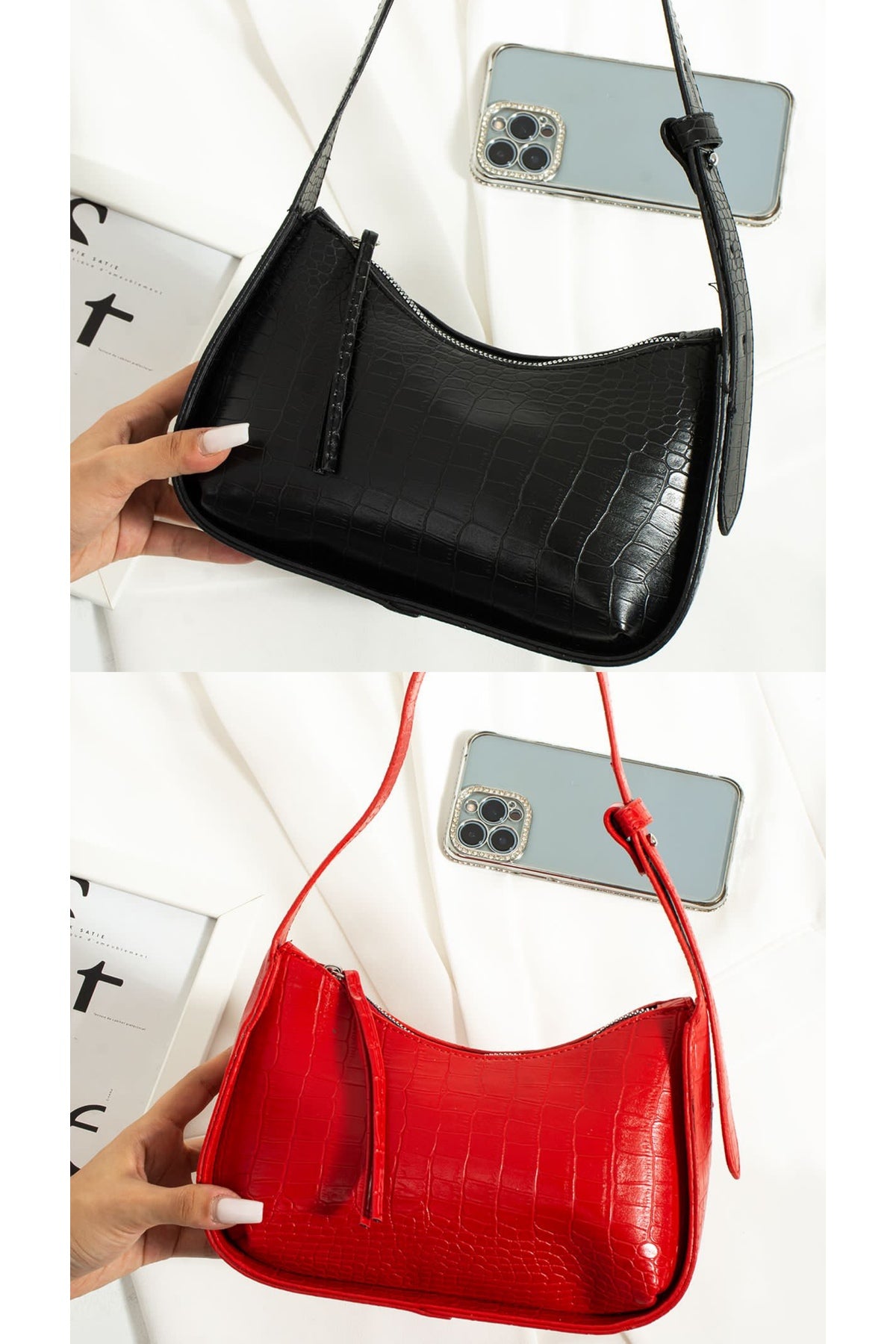 2er-Pack Baguette-Taschen mit Krokodilmuster für Damen, stilvolle Handtasche für den täglichen Gebrauch