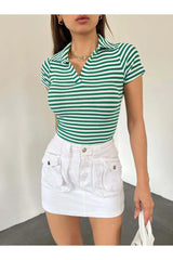 Fitted/fitted Polo Neck Short Sleeve Striped Camisole Crop Top Green White - Swordslife