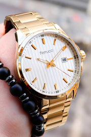 Herren-Armbanduhr mit Kalender und Stahlarmband, goldfarben, 178052