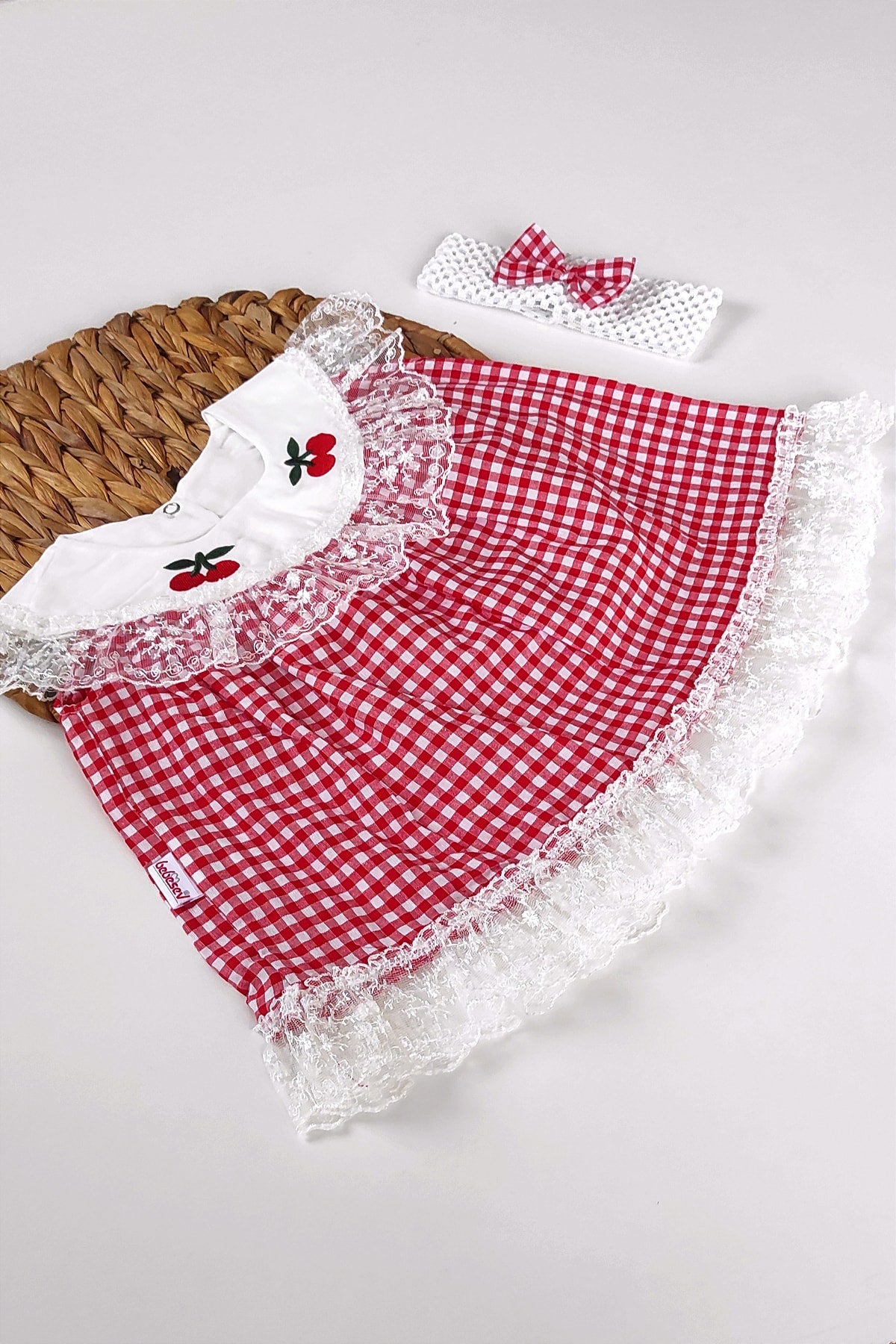 Baby Girl Red Gingham Cherry Detailed Hair Band Summer Dress