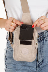Unisex Crinkled Fabric Mini Shoulder Bag With Phone Compartment Sport And Daily Use Beige