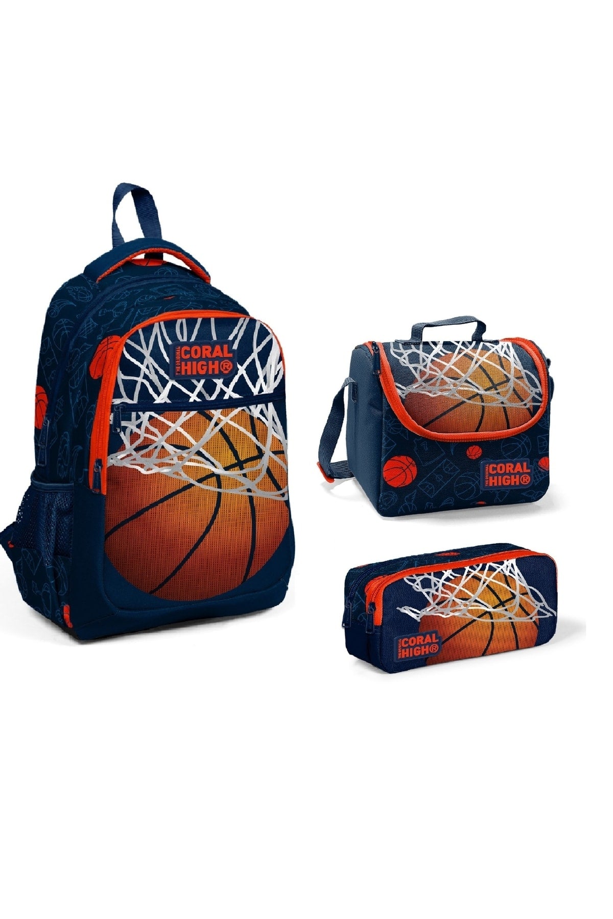 Kids Navy Blue Orange Basketball Patterned Three-Pack Bag Set