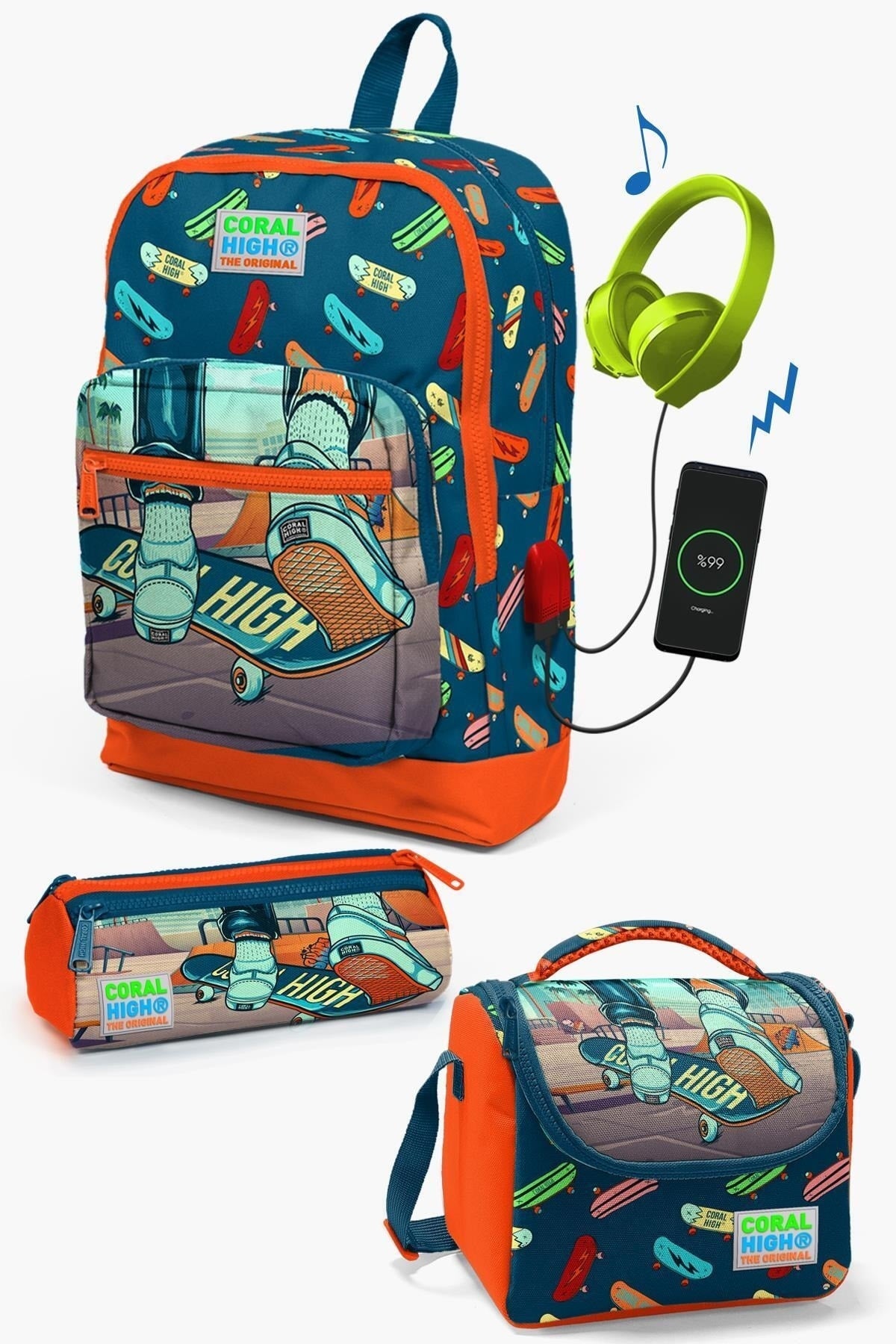 Kids Civit Neon Orange Skateboard Patterned Usb Input 3 Pcs School Bag Set Set0123823