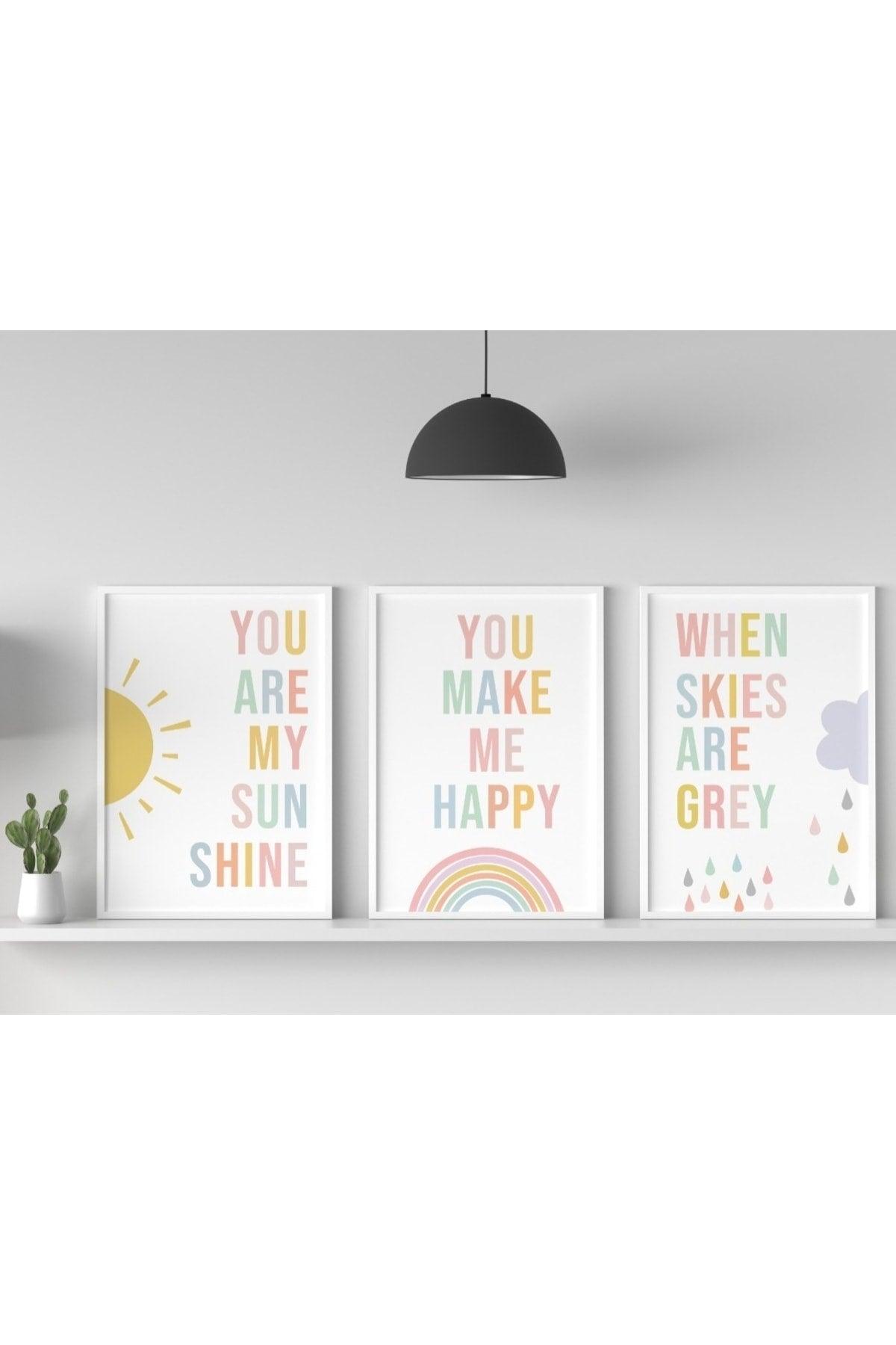 3 Piece Table Design Decor Kids Room Baby Room, Colorful, Sun, Cloud, Rainbow, Framed - Swordslife