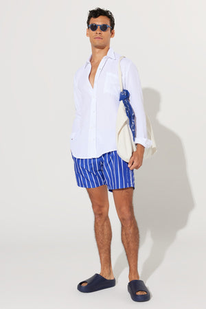 Men'S Navy-White Standard Fit Regular Fit Pocket Quick Dry Patterned Marine Shorts
