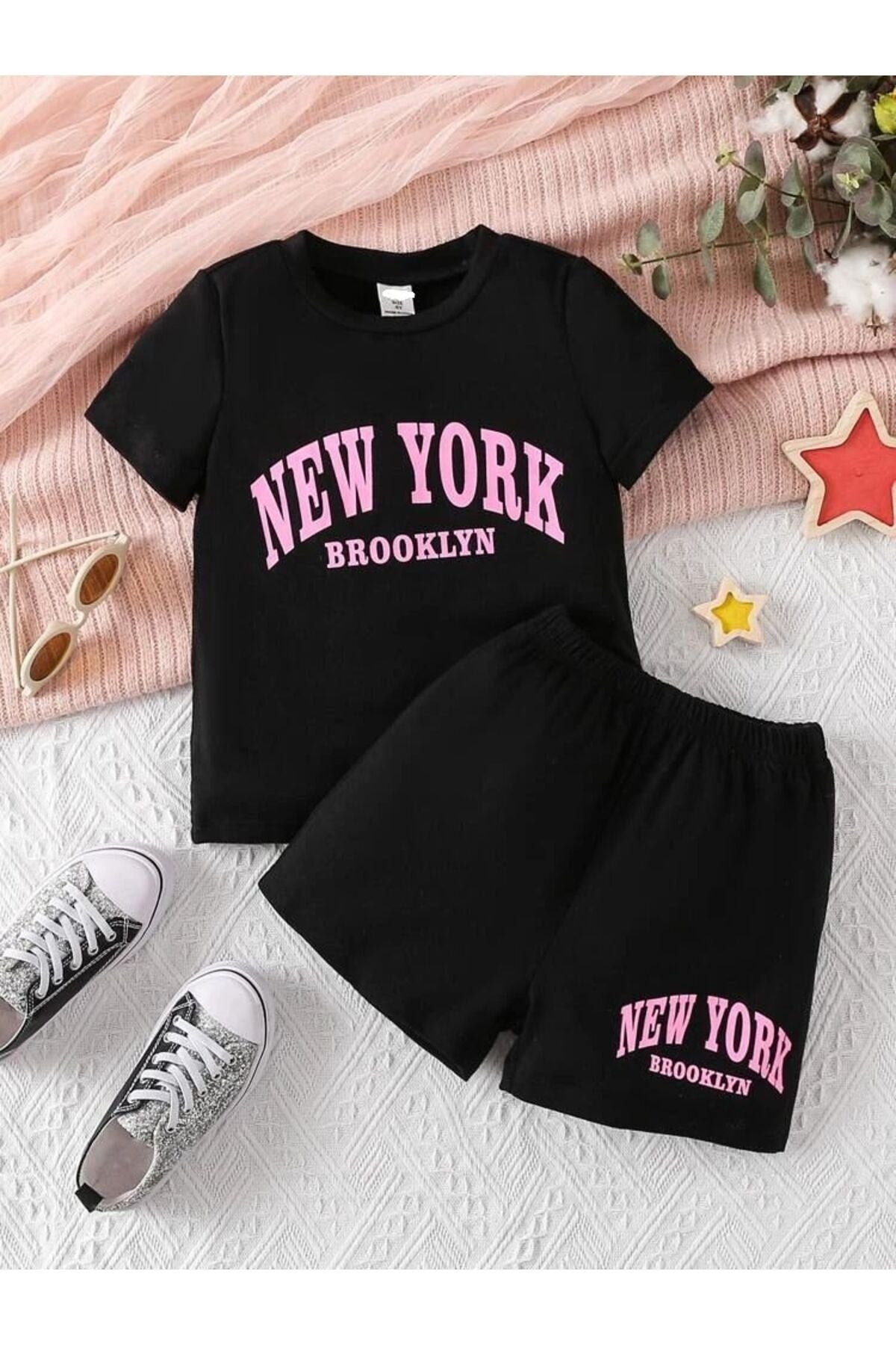 New York Printed Black Top Girls Shorts Set