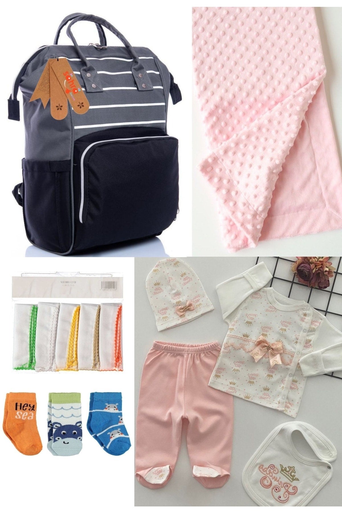 5-teiliges Schwangerschaftsset (Babypflegerucksack, Krankenhausausgang, Kichererbsendecke, 10 Feuchttücher und 3 Socken)