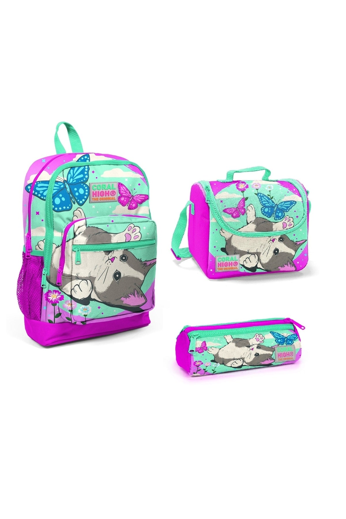 Kids Water Green Pink Cat Patterned Four Compartment Triple School Bag Set