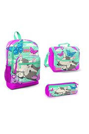 Kids Water Green Pink Cat Patterned Four Compartment Triple School Bag Set