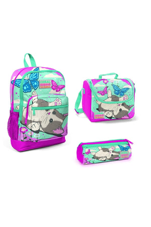 Kids Water Green Pink Cat Patterned Four Compartment Triple School Bag Set