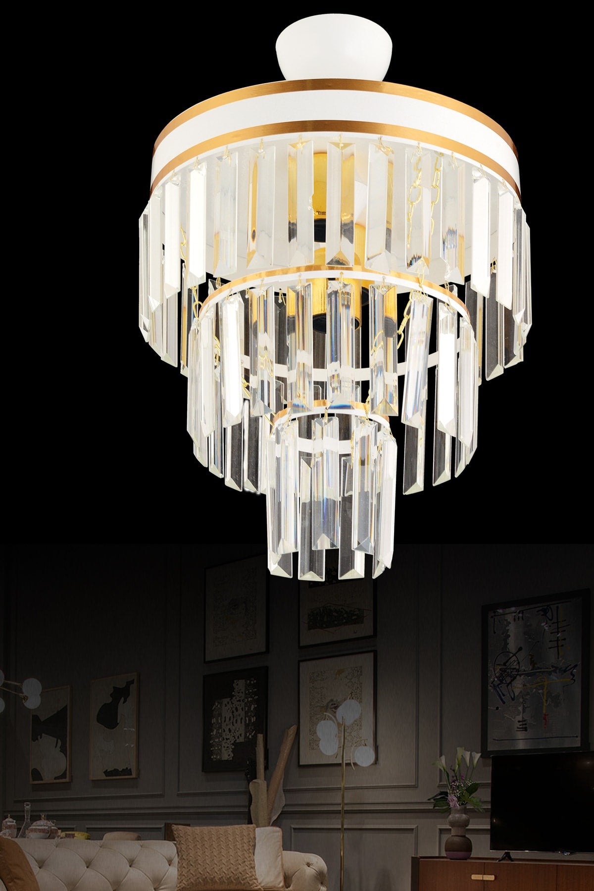 Roma 3-Tier White to Gold Gilded Crystal Stone Modern Chandelier of 30'