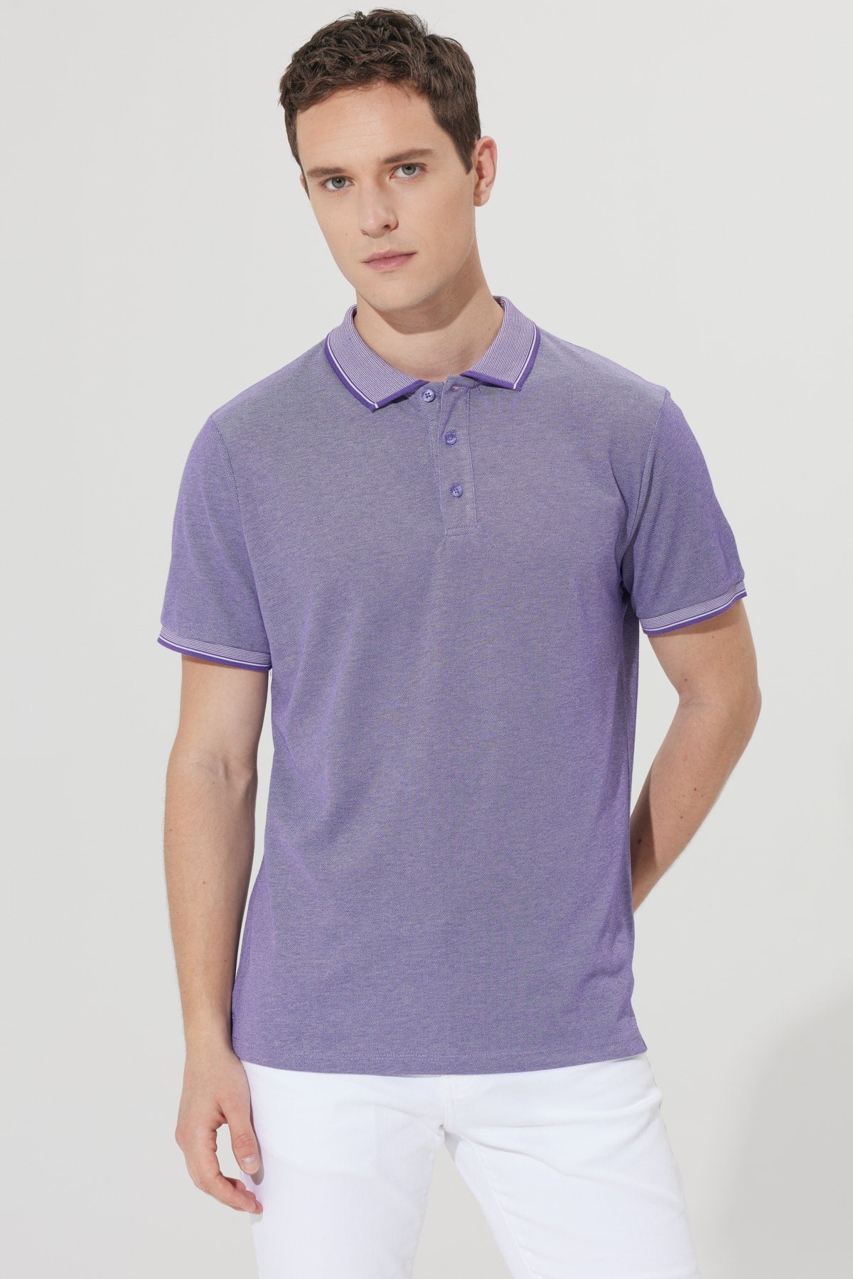  Мужская безусадочная хлопчатобумажная ткань Slim Fit Slim Fit Фиолетово-белая футболка с воротником-поло с защитой от перекатывания