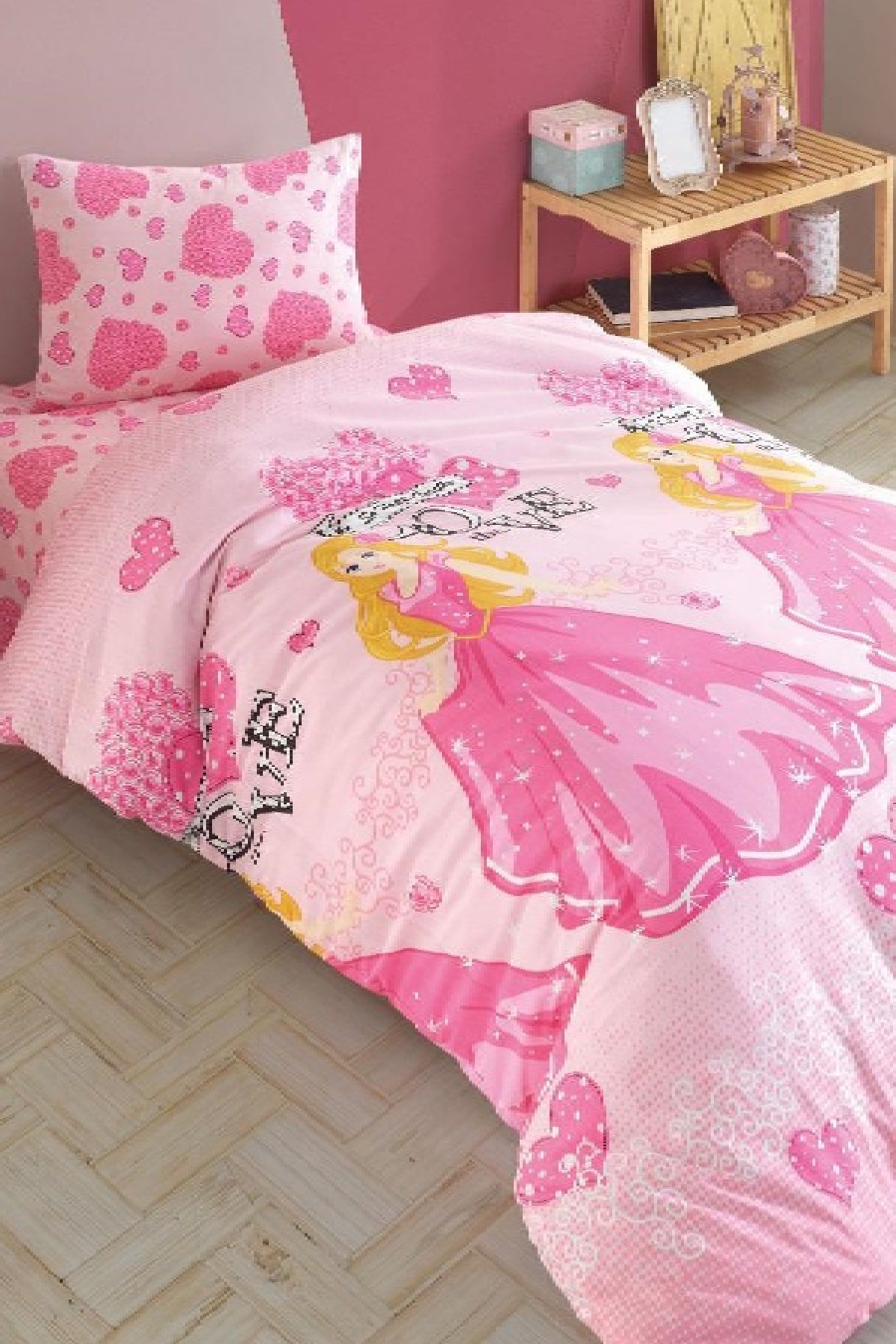 Elastic Fitted Healthy Snow White Pink Heart Single Child Girl Duvet Cover Set