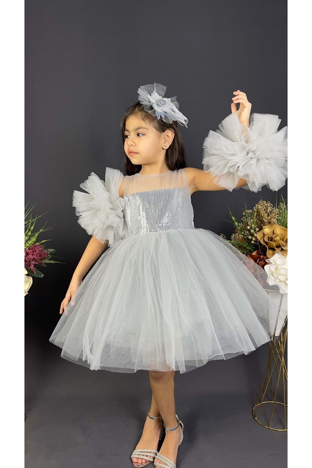 Chiffon Robe Pompom Ärmel Pailletten Mädchen Flauschigen Rock Tüll Abendkleid Grau