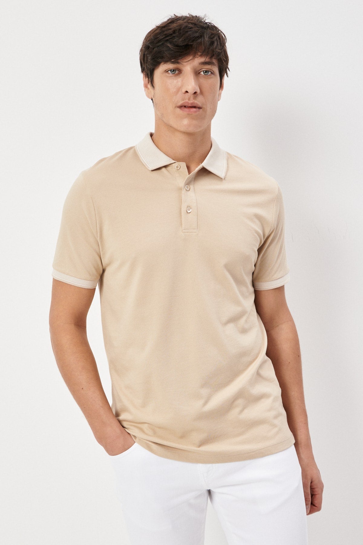 Men's Non-Shrink Cotton Fabric Slim Fit Slim Fit Light-Beige Anti-Roll Polo Neck T-Shirt