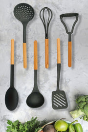 6 Pieces Wooden Handle Plastic Scoop Colander Spoon Spatula Crusher And Beater Black Serving Set Dp-Ahş01
