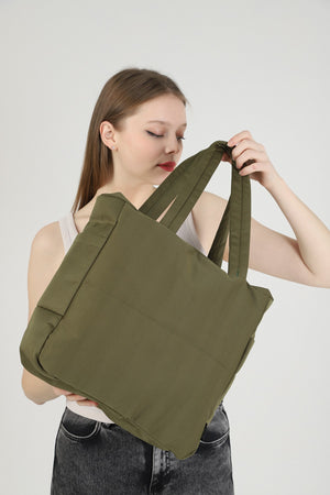 Khaki Green U25 3-Compartment Side 2 Pocket Detailed Zipper Closure Canvas Women'S Arm And Shoulder Bag B:35 E