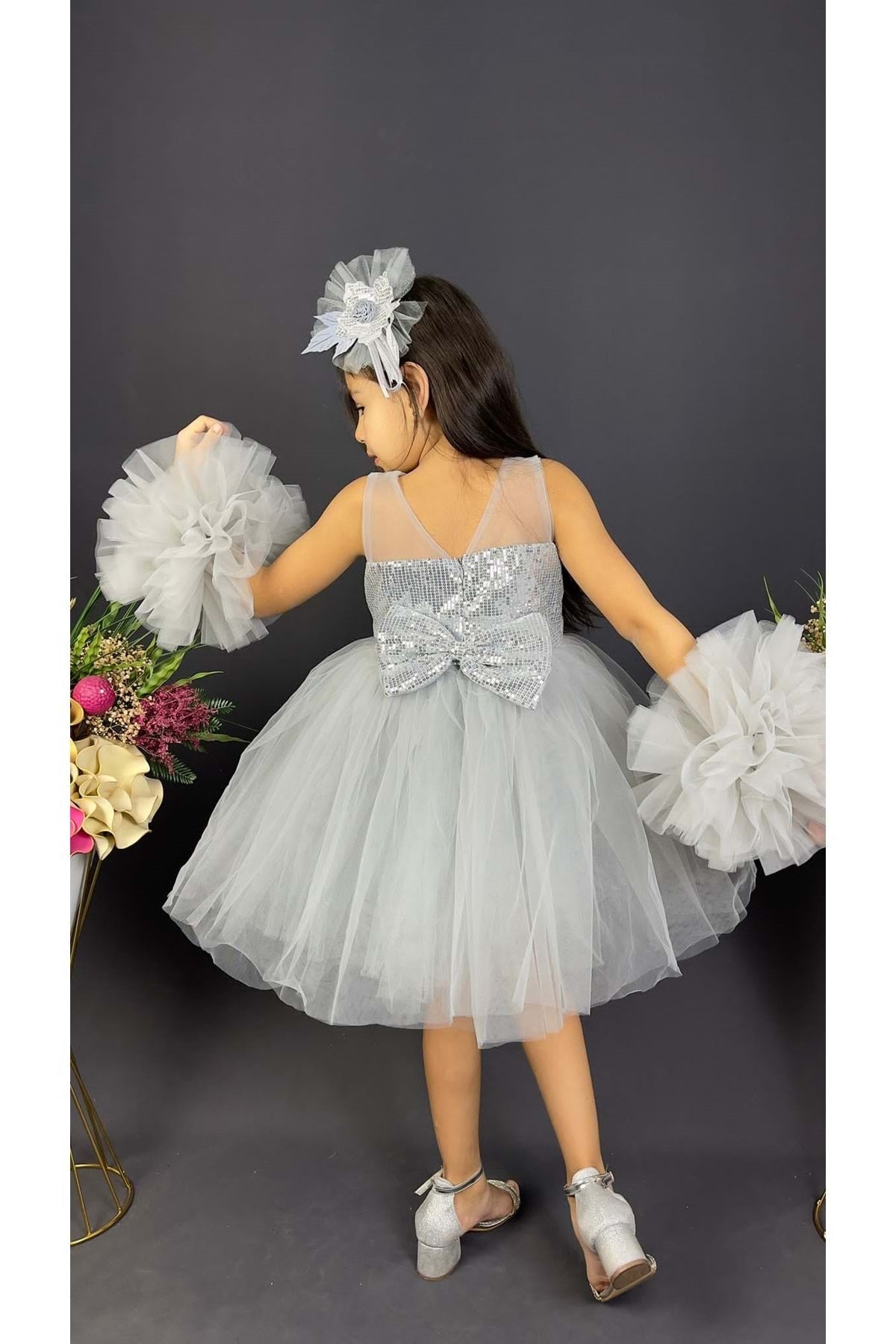 Chiffon Robe Pompom Ärmel Pailletten Mädchen Flauschigen Rock Tüll Abendkleid Grau