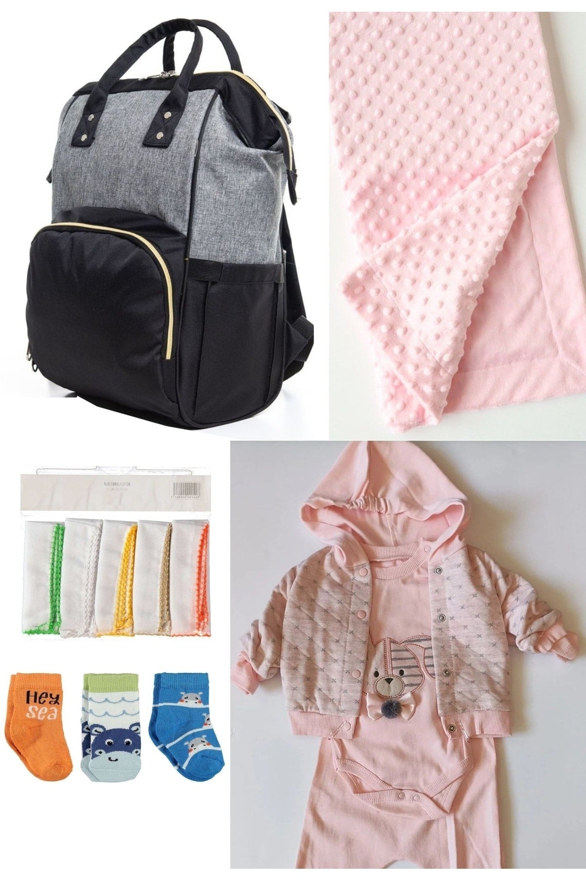 5 Piece Maternity Set (Baby Care Backpack, Hospital Exit, Chickpea Blanket, 10 Wipes and 3 Socks)