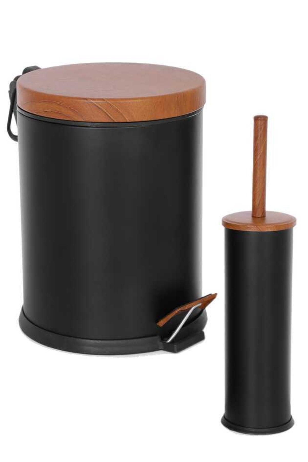 5 Lt Wooden Lid 2 Pcs Bathroom Set Shock Absorber Lid Black Waste Bin - Swordslife