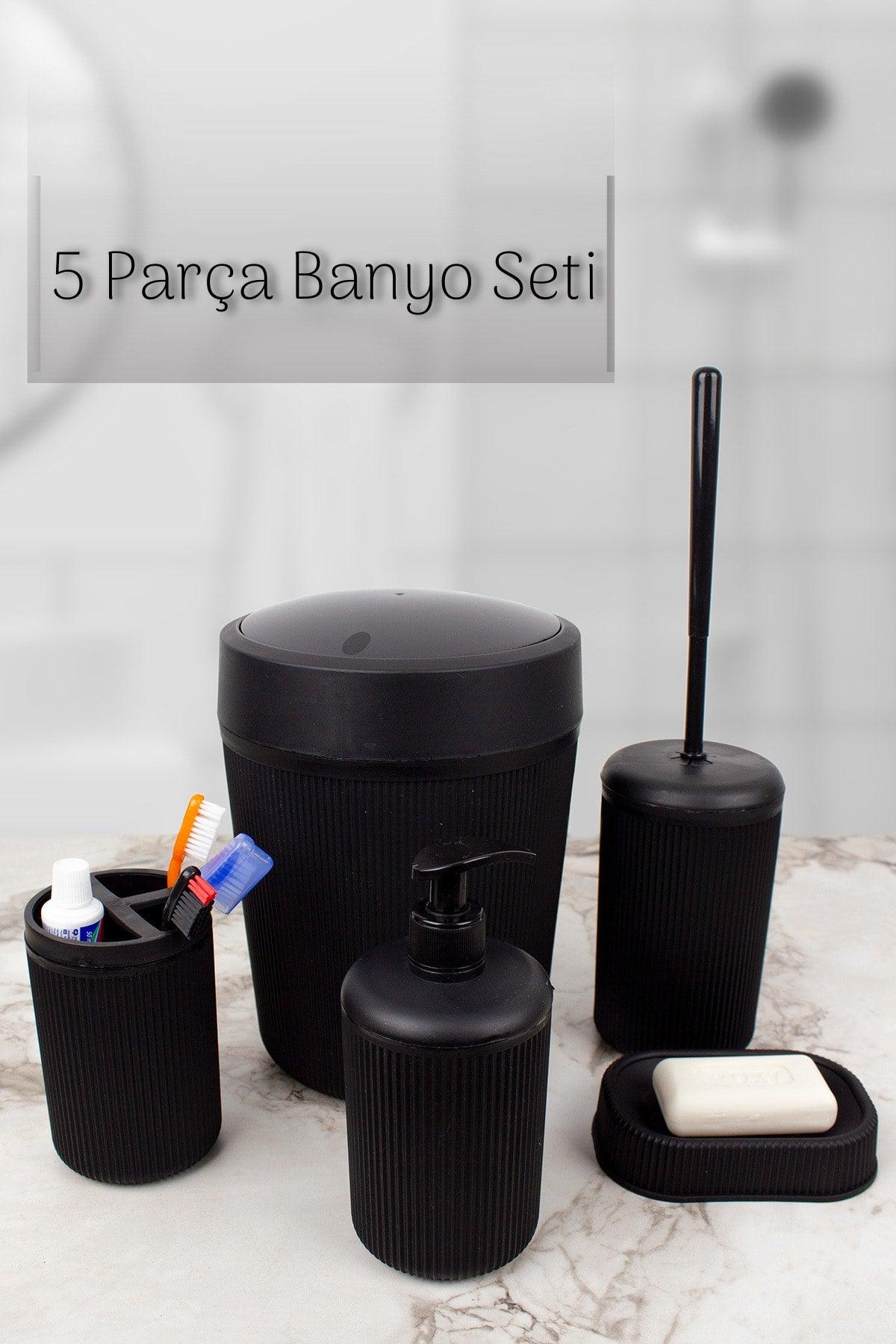 5 Pieces Black Plastic Striped Bathroom Accessory Set & Black Bathroom Set - Swordslife