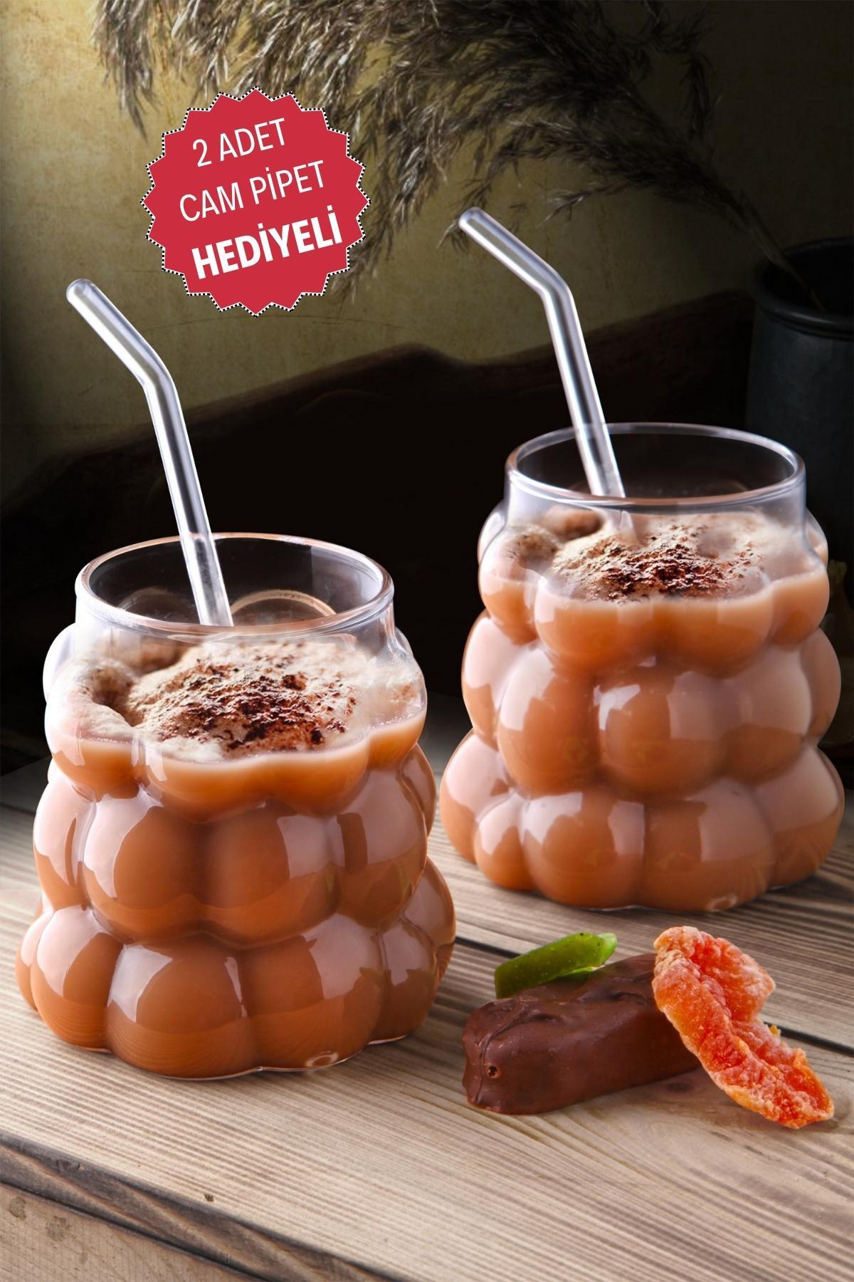 2 Grape Model Borosilicate Cocktail And Cold-Hot Coffee Glass With Straw As Gift 350 Ml